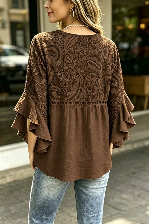 Vintage Floral Print Hollow Out Ruffle Sleeve Top