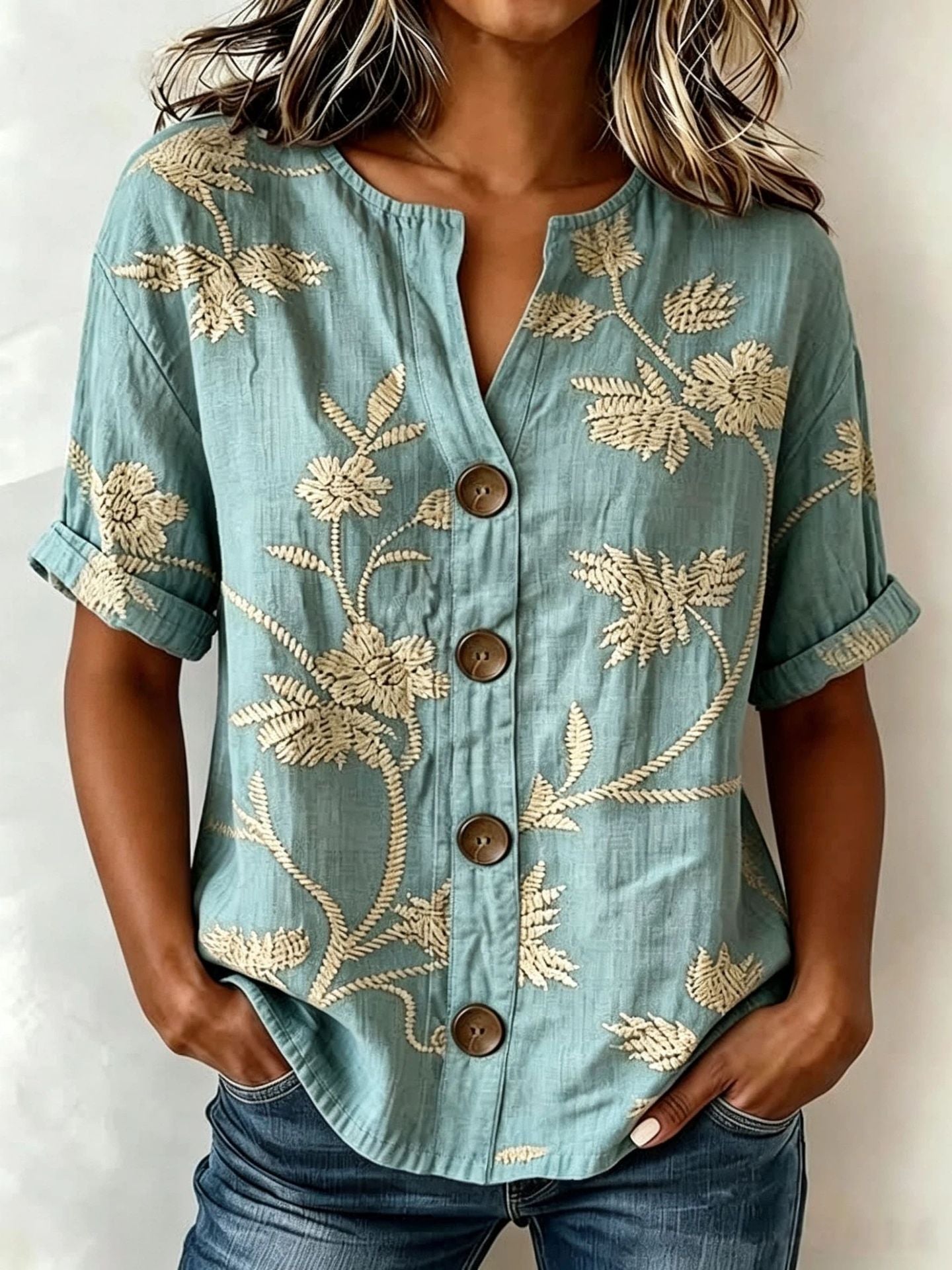 Floral Embroidered V-Neck Cotton-Linen Shirt