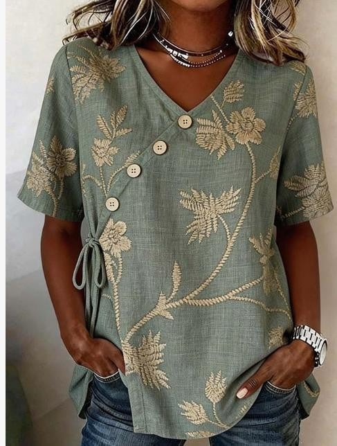 Diagonal button-down tie cotton and linen embroidered Shirt