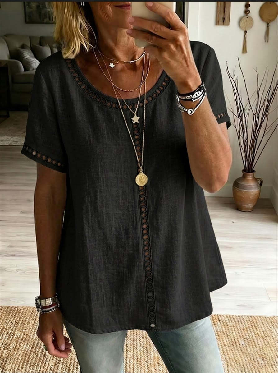 Women's Casual Solid Color Cotton Linen Hollow-Out Top