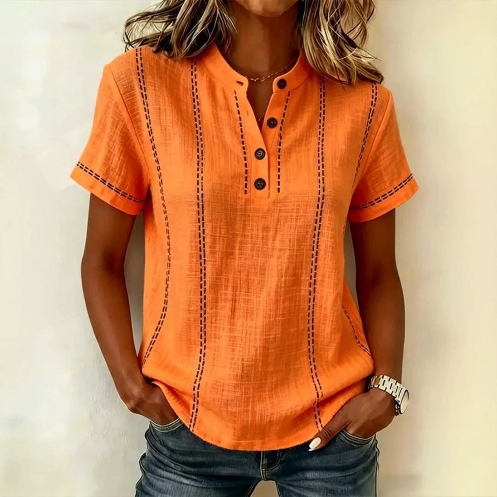 Women's V-neck Short-sleeve Casual Loose Cotton-linen Top