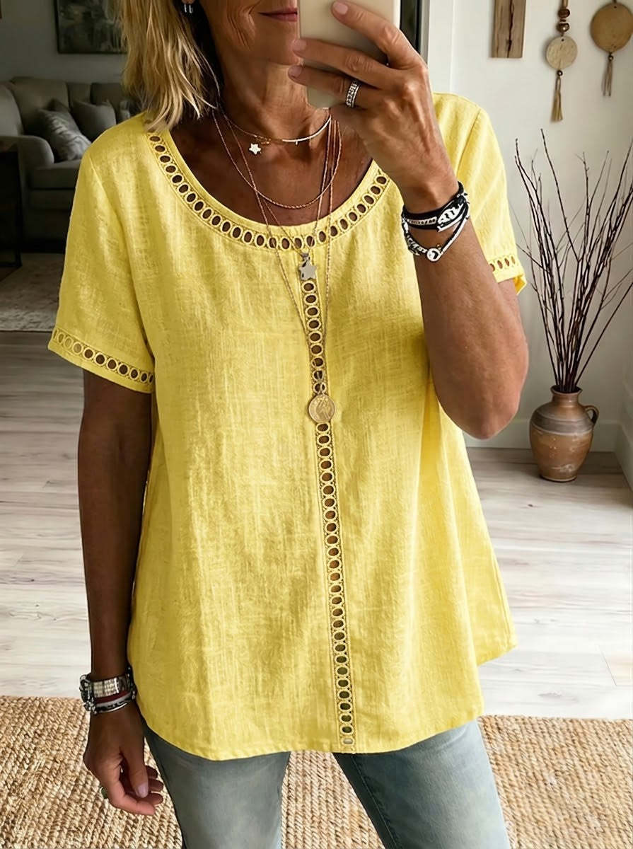 Women's Casual Solid Color Cotton Linen Hollow-Out Top