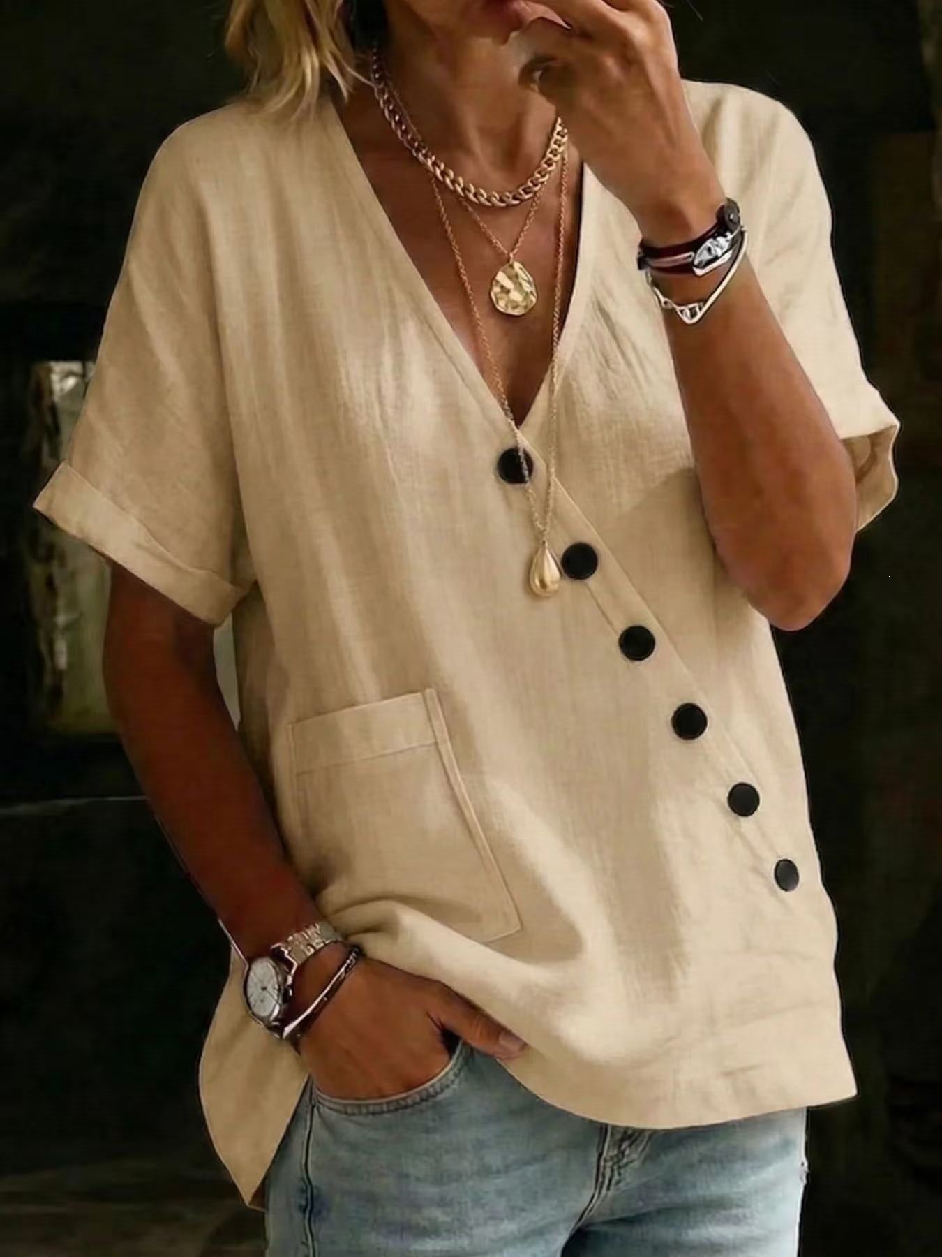 V-Neck Solid-Color Casual & Comfortable Cotton-Linen Button-Up Shirt