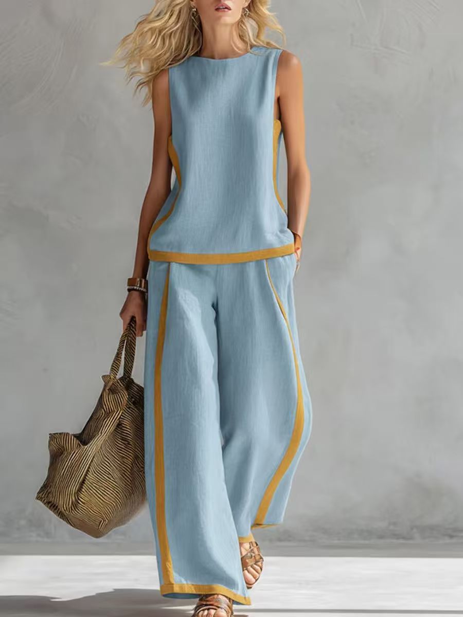 Women's Round Neck Sleeveless Casual Loose Top And High-waisted Loose Wide-leg Pants Cotton And Linen Set