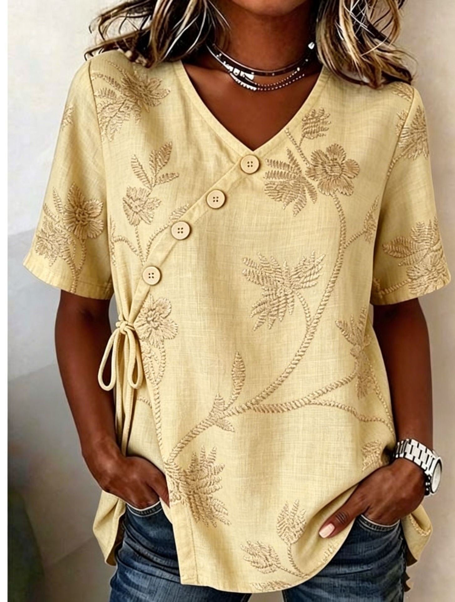 Diagonal button-down tie cotton and linen embroidered Shirt