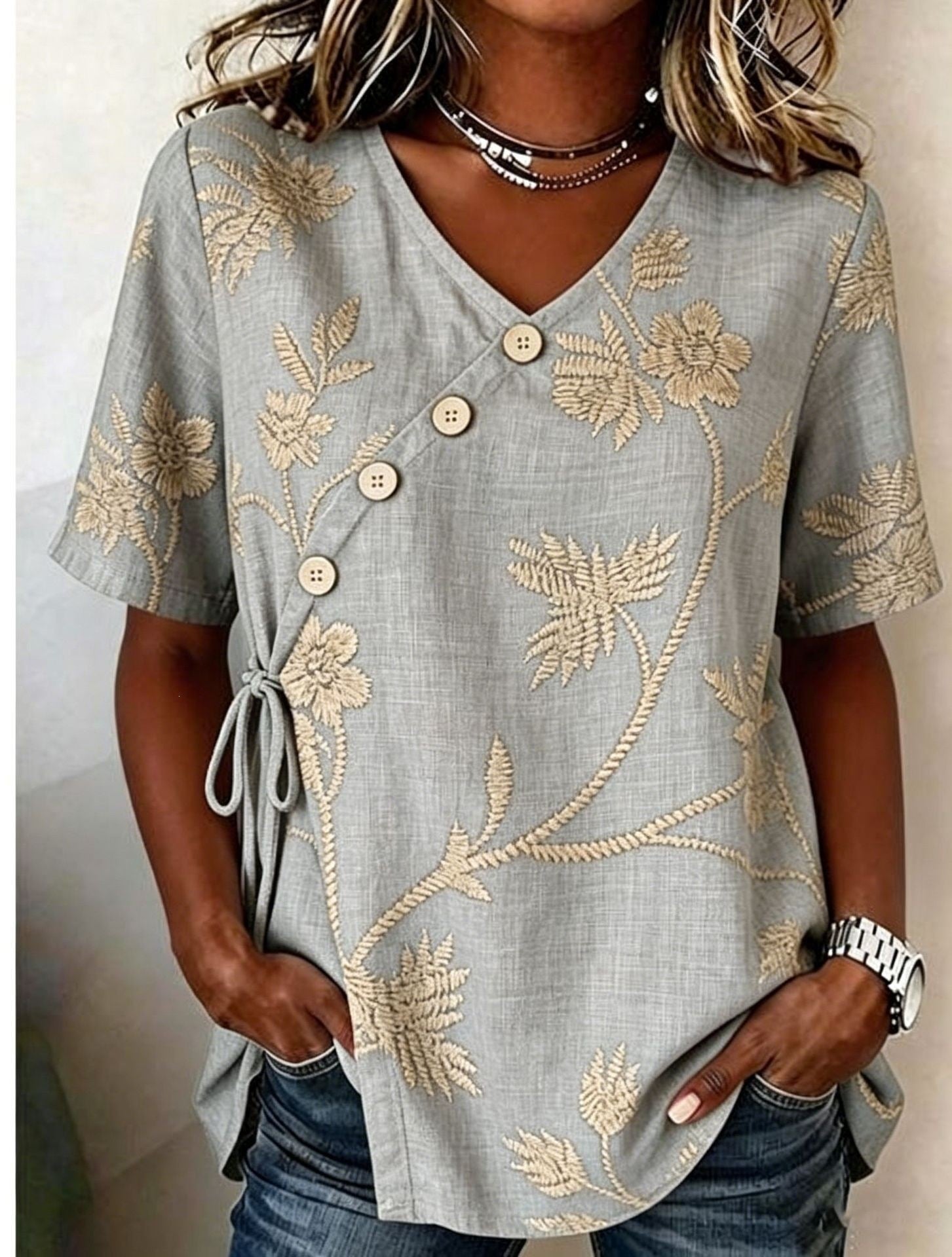 Diagonal button-down tie cotton and linen embroidered Shirt