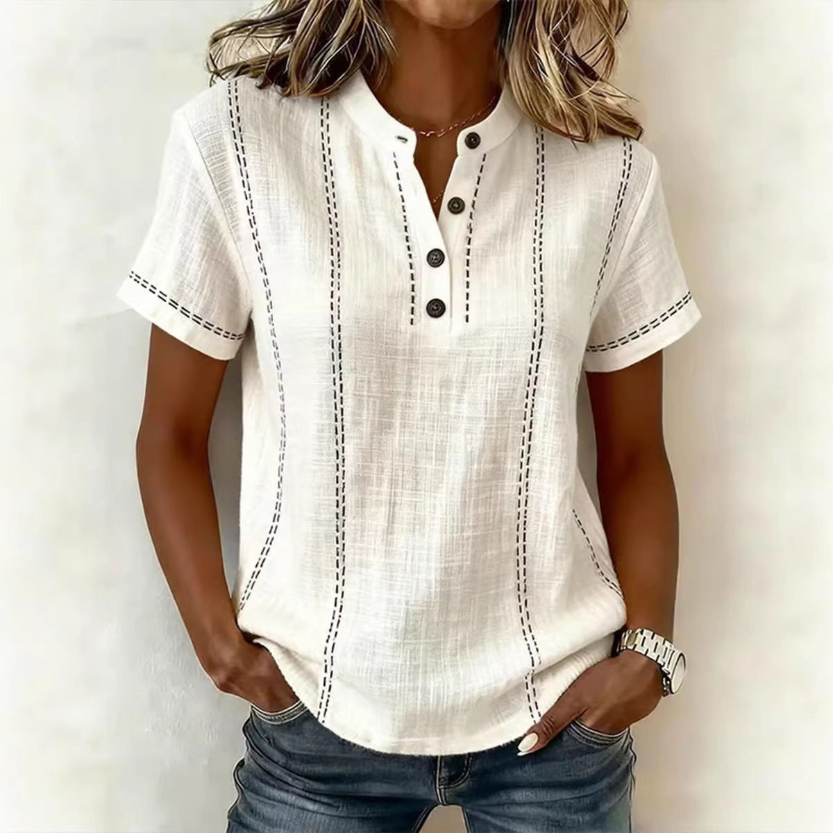 Women's V-neck Short-sleeve Casual Loose Cotton-linen Top