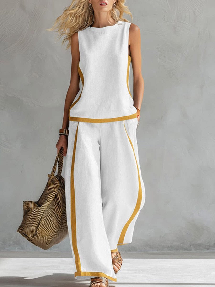 Women's Round Neck Sleeveless Casual Loose Top And High-waisted Loose Wide-leg Pants Cotton And Linen Set