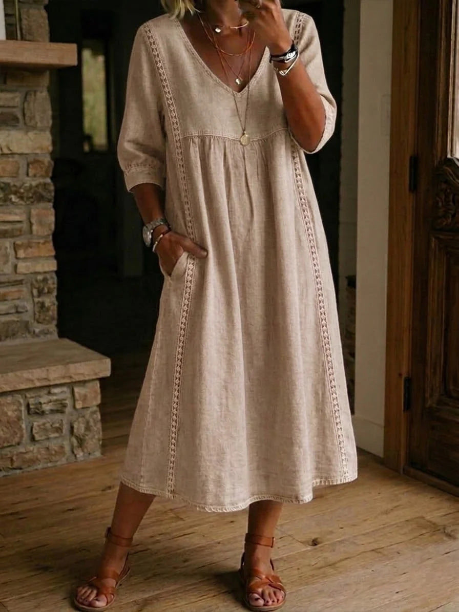 Casual Loose-fitting Patchwork Lace Trim Linen And Cotton Dress