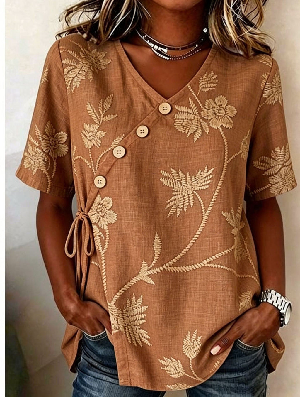 Diagonal button-down tie cotton and linen embroidered Shirt