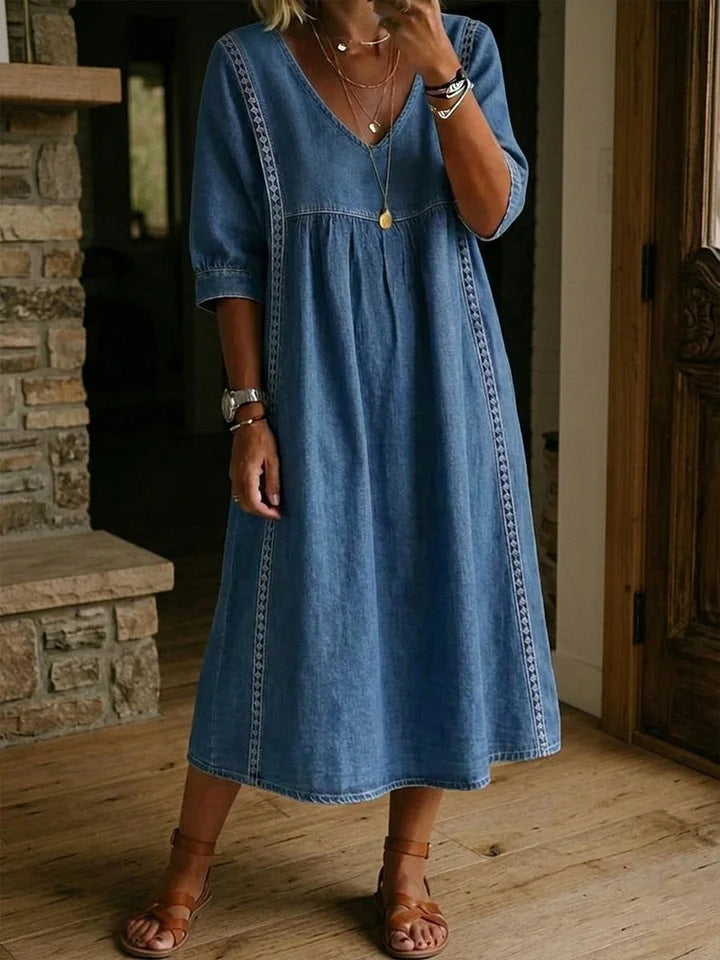 Casual Loose-fitting Patchwork Lace Trim Linen And Cotton Dress