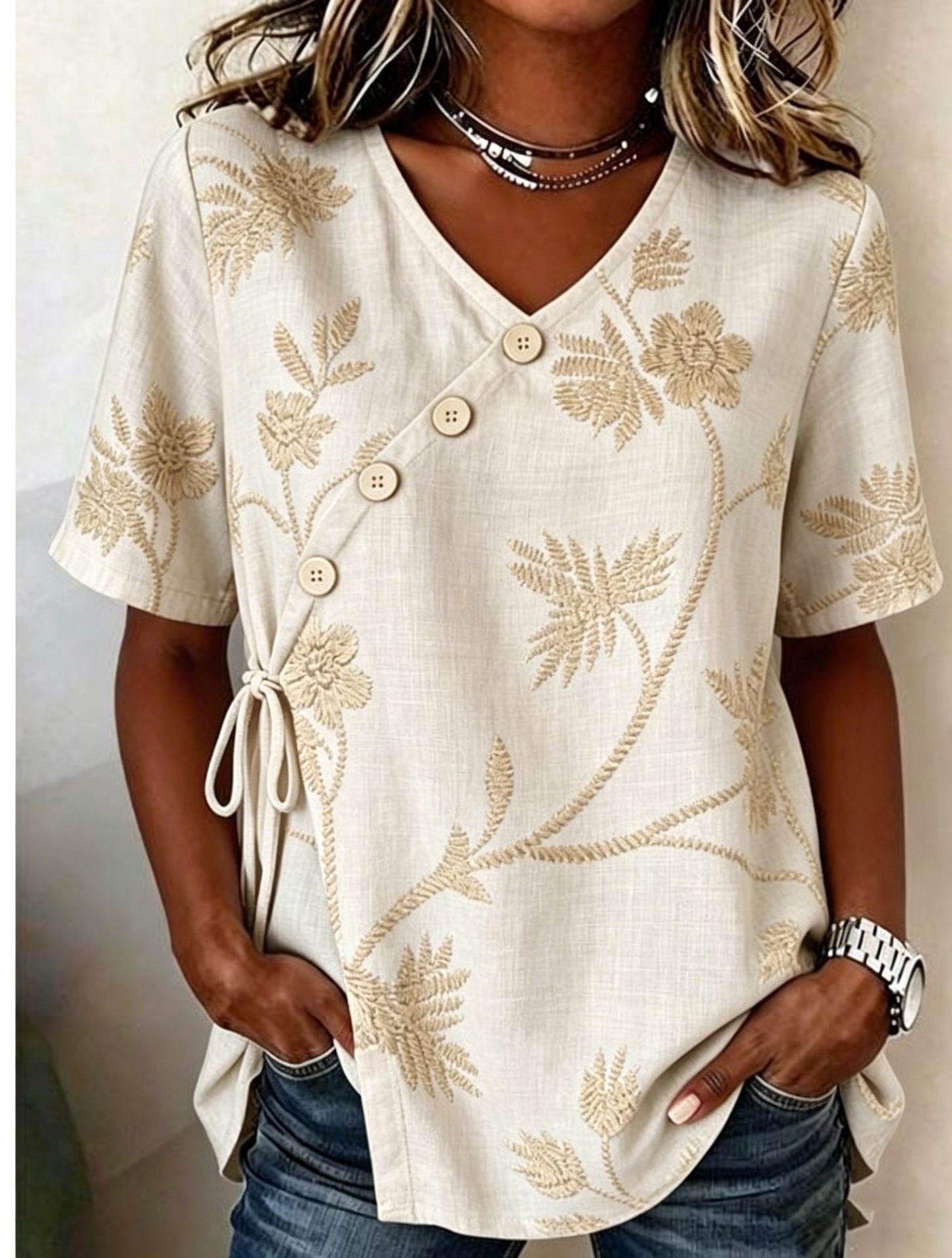 Diagonal button-down tie cotton and linen embroidered Shirt