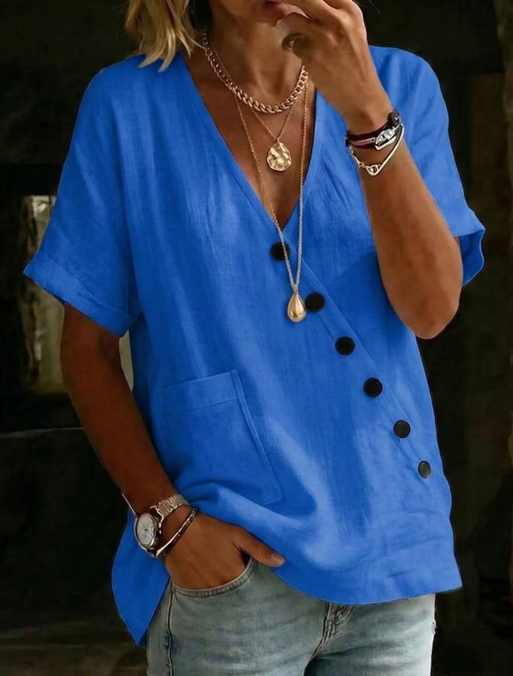 V-Neck Solid-Color Casual & Comfortable Cotton-Linen Button-Up Shirt