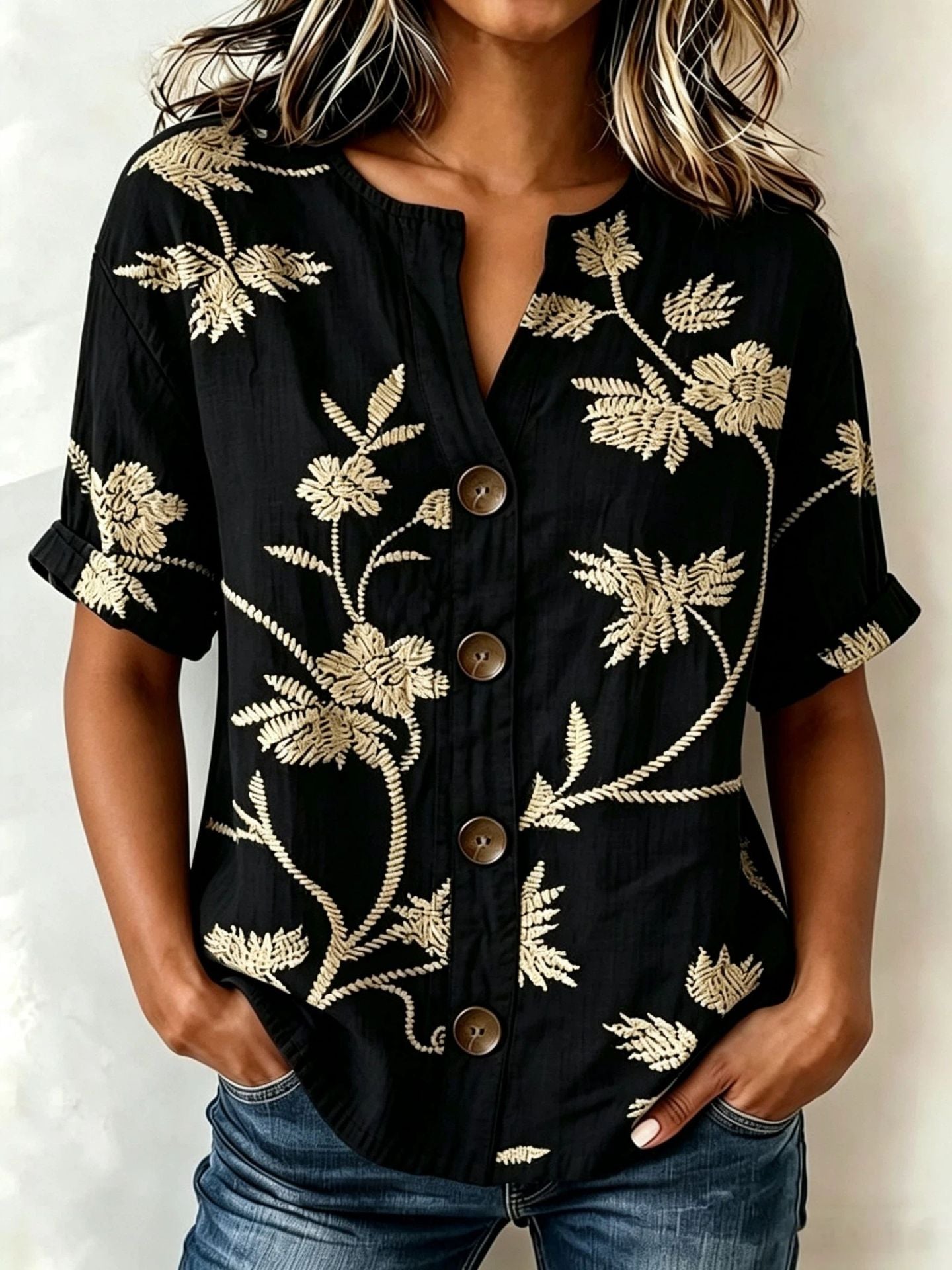 Floral Embroidered V-Neck Cotton-Linen Shirt