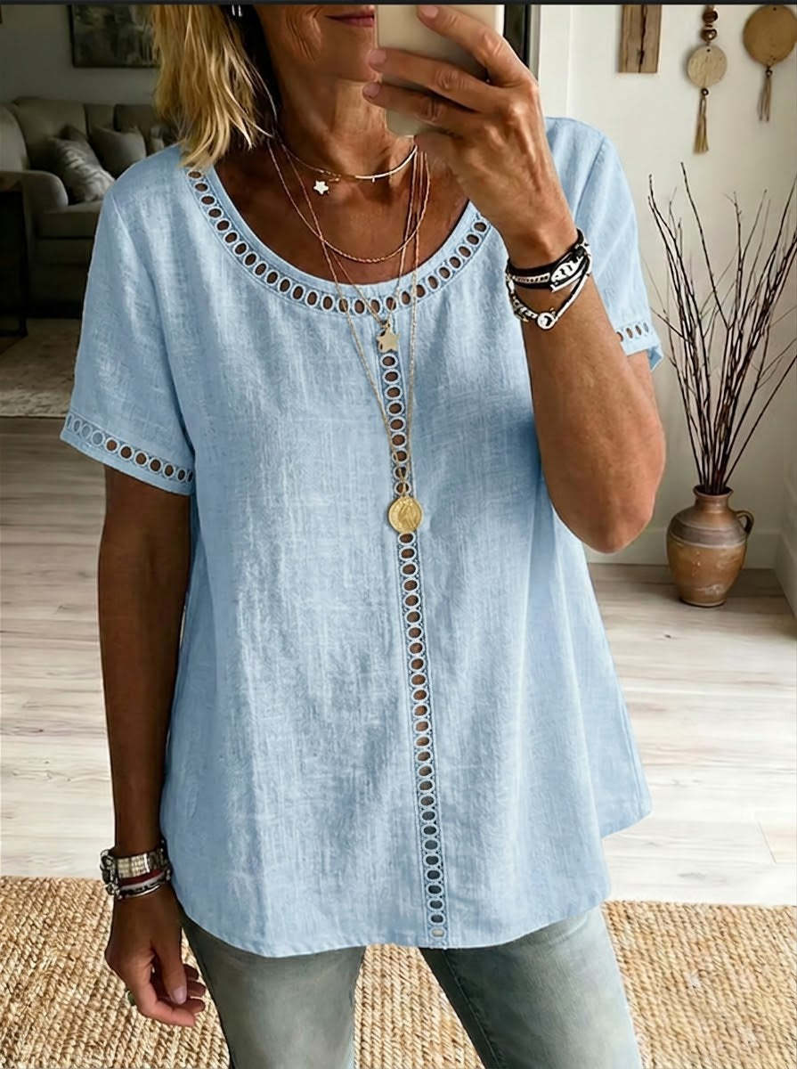Women's Casual Solid Color Cotton Linen Hollow-Out Top