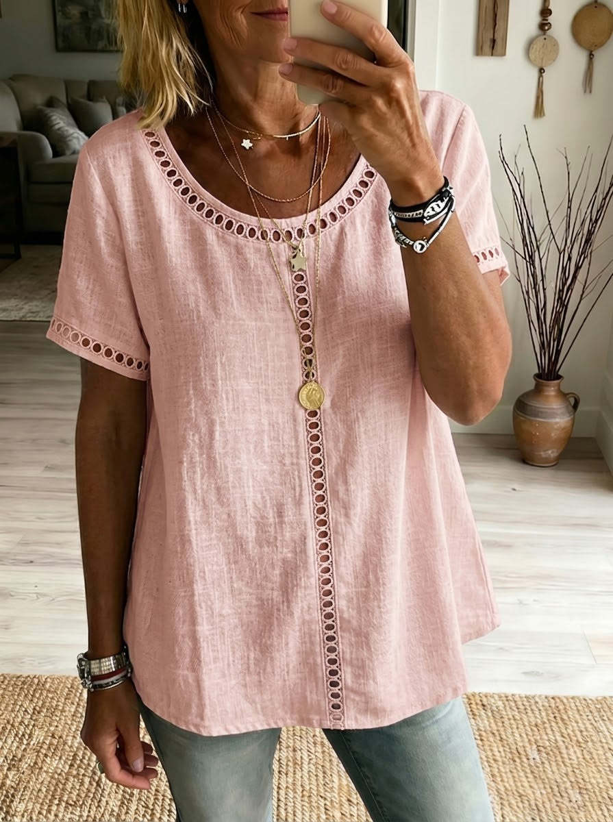 Women's Casual Solid Color Cotton Linen Hollow-Out Top