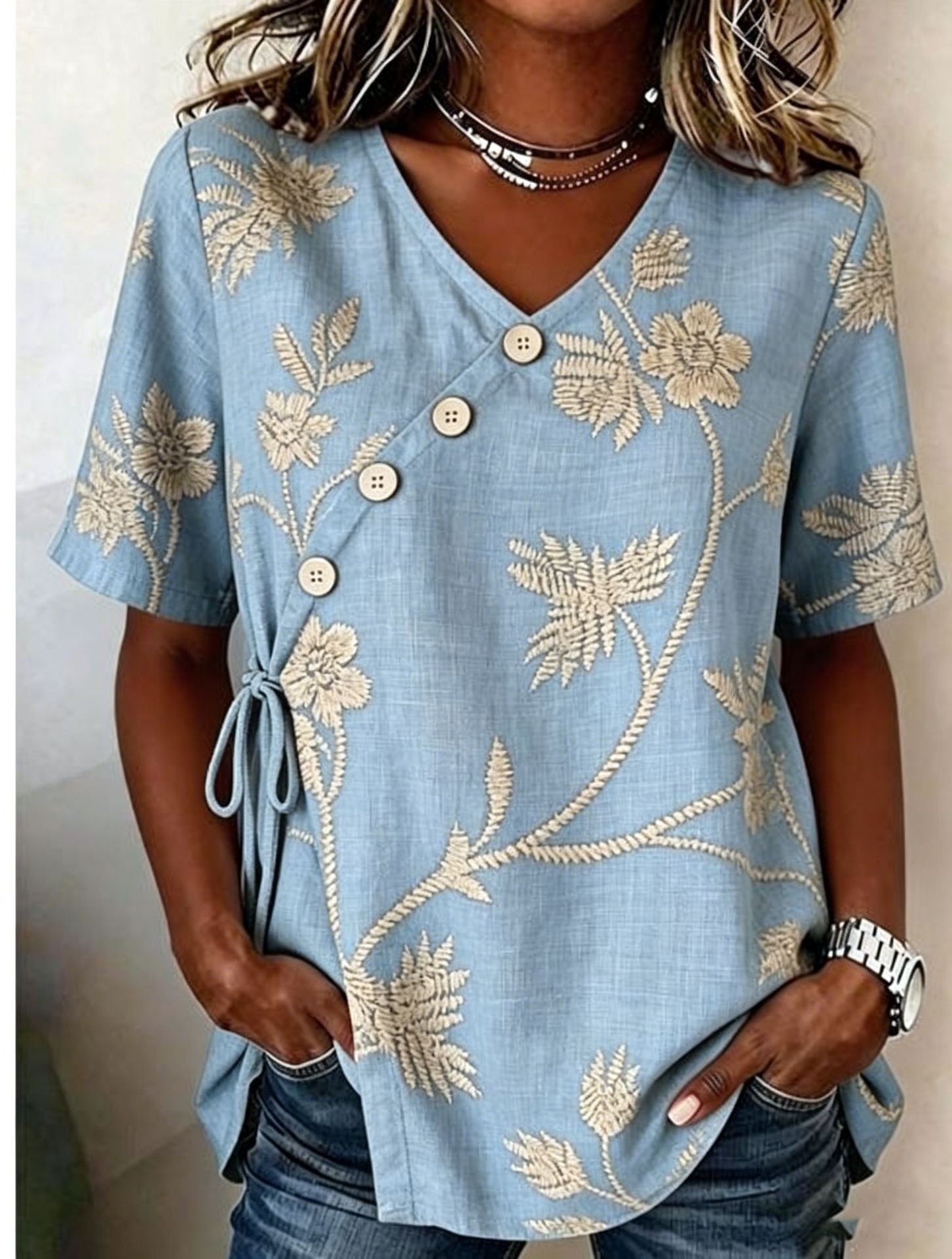 Diagonal button-down tie cotton and linen embroidered Shirt