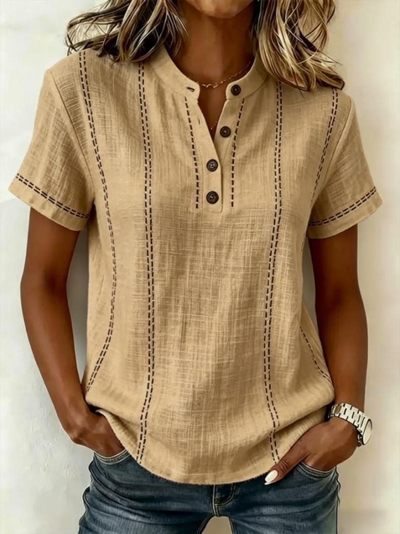 Women's V-neck Short-sleeve Casual Loose Cotton-linen Top