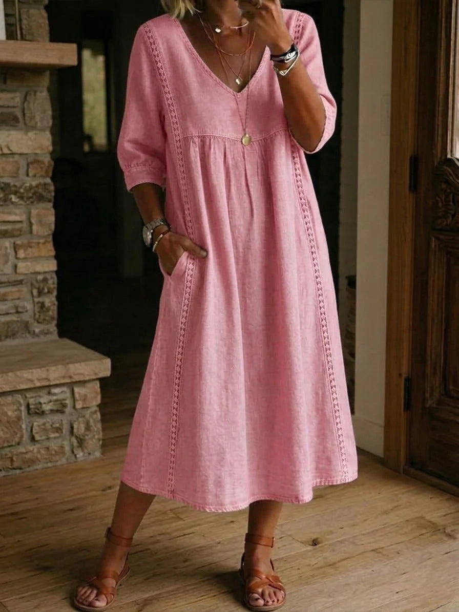 Casual Loose-fitting Patchwork Lace Trim Linen And Cotton Dress