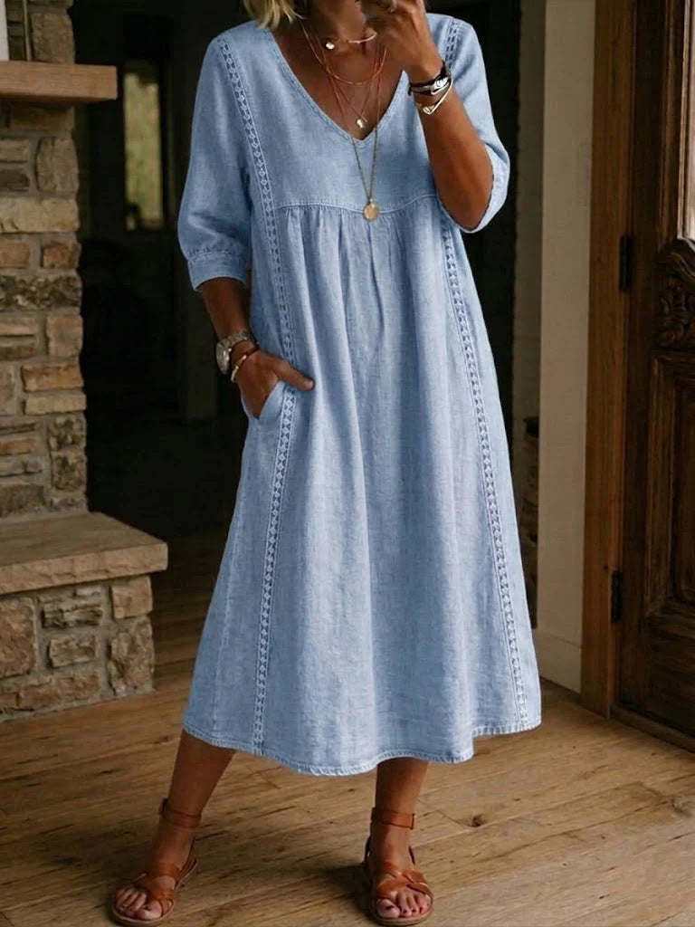 Casual Loose-fitting Patchwork Lace Trim Linen And Cotton Dress