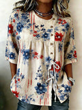 Red and blue floral pattern tie-front cotton linen shirt