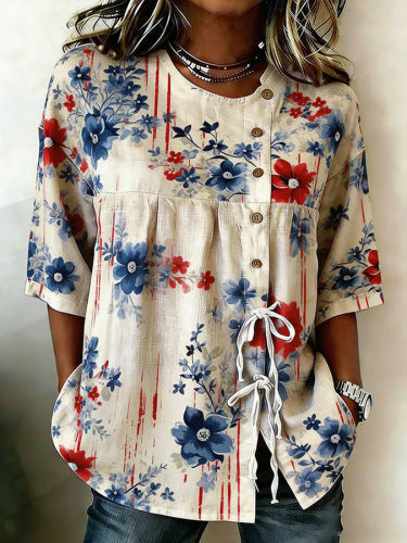 Red and blue floral pattern tie-front cotton linen shirt