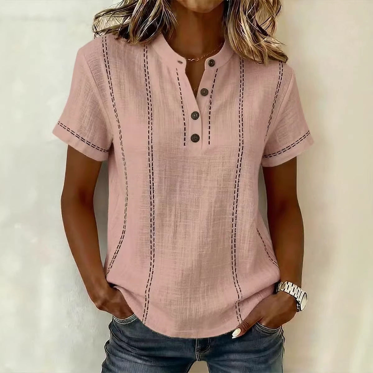 Women's V-neck Short-sleeve Casual Loose Cotton-linen Top