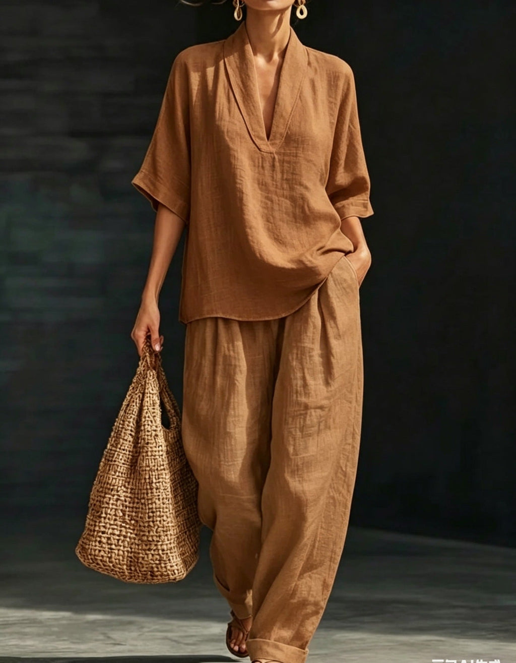 Casual And Cozy Minimalist V-neck Short-Sleeve Shirt and Trouser Linen Two-piece Set