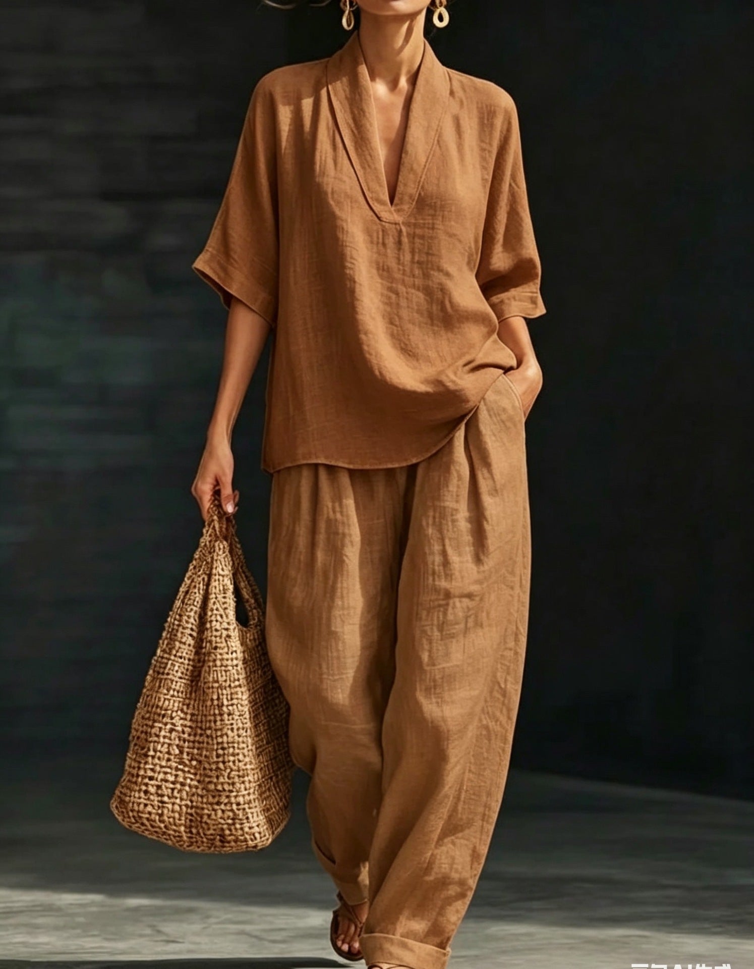 Casual And Cozy Minimalist V-neck Short-Sleeve Shirt and Trouser Linen Two-piece Set