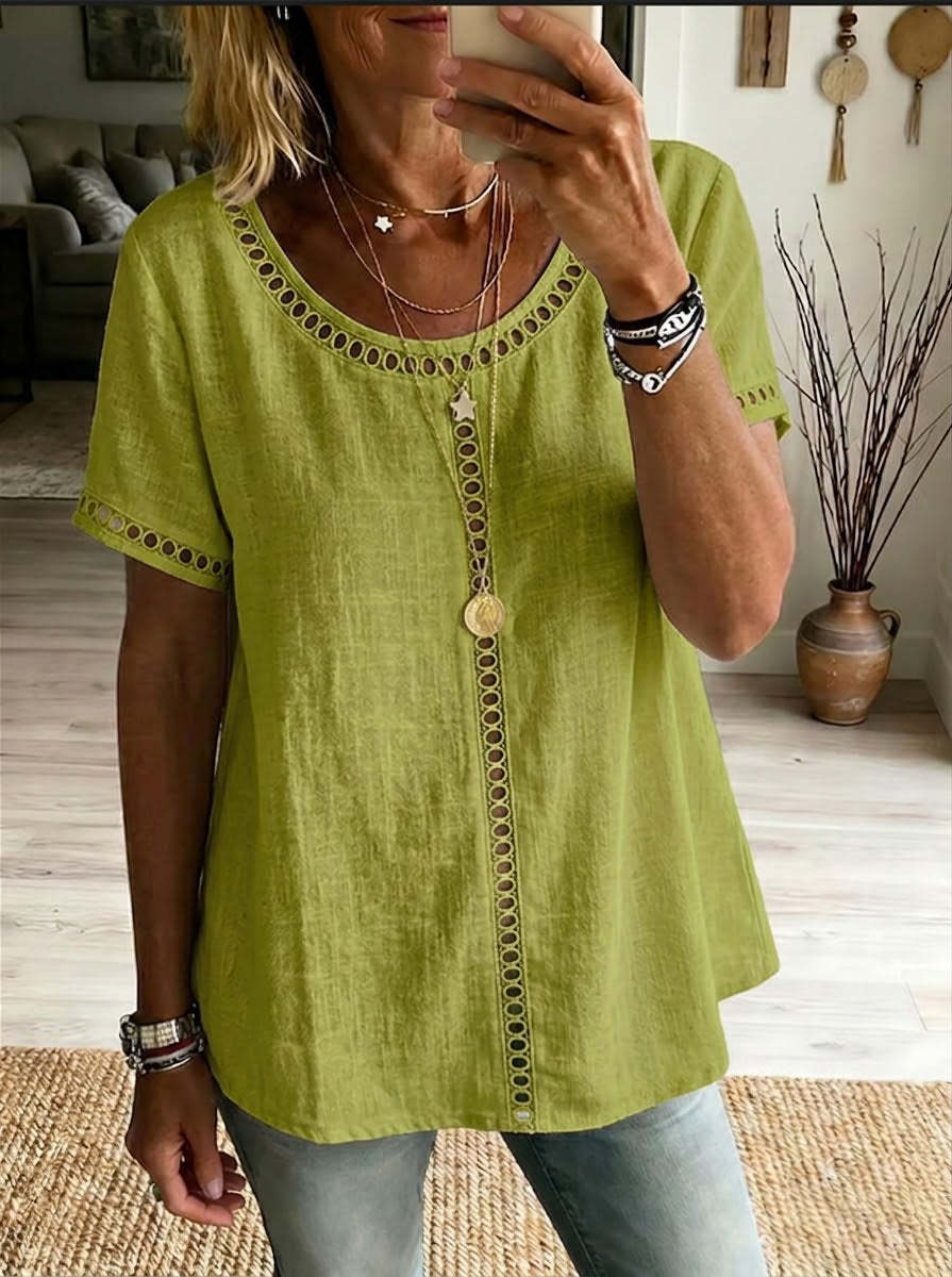 Women's Casual Solid Color Cotton Linen Hollow-Out Top