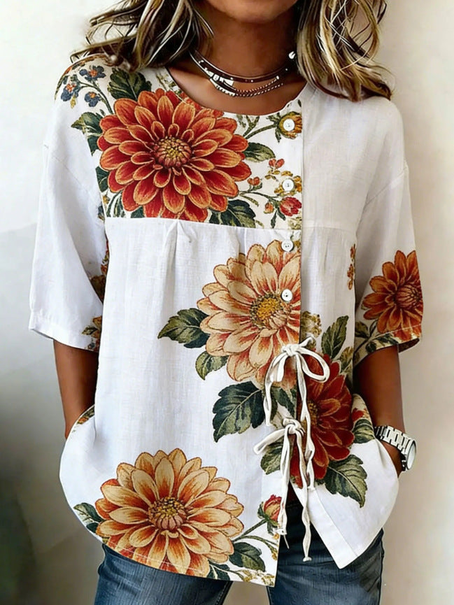 Large Floral Print Lace-up Cotton-Linen Shirt