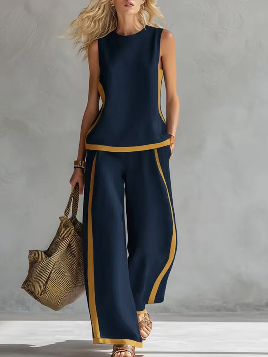Women's Round Neck Sleeveless Casual Loose Top And High-waisted Loose Wide-leg Pants Cotton And Linen Set