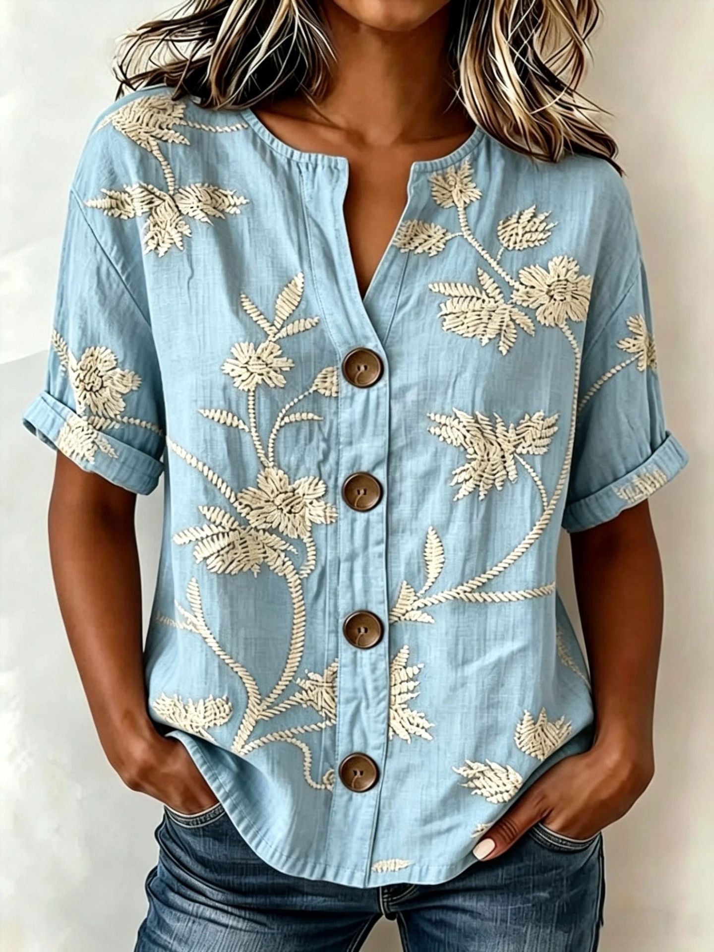 Floral Embroidered V-Neck Cotton-Linen Shirt