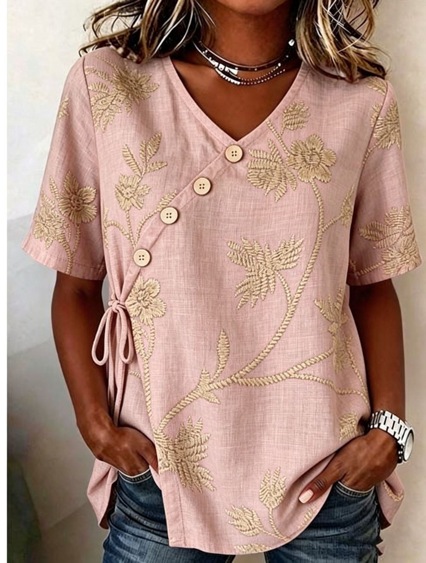 Diagonal button-down tie cotton and linen embroidered Shirt