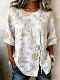 5-Button Tie-Up Cotton Linen Floral Shirt