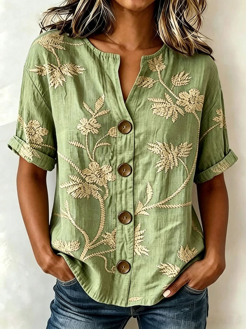 Floral Embroidered V-Neck Cotton-Linen Shirt