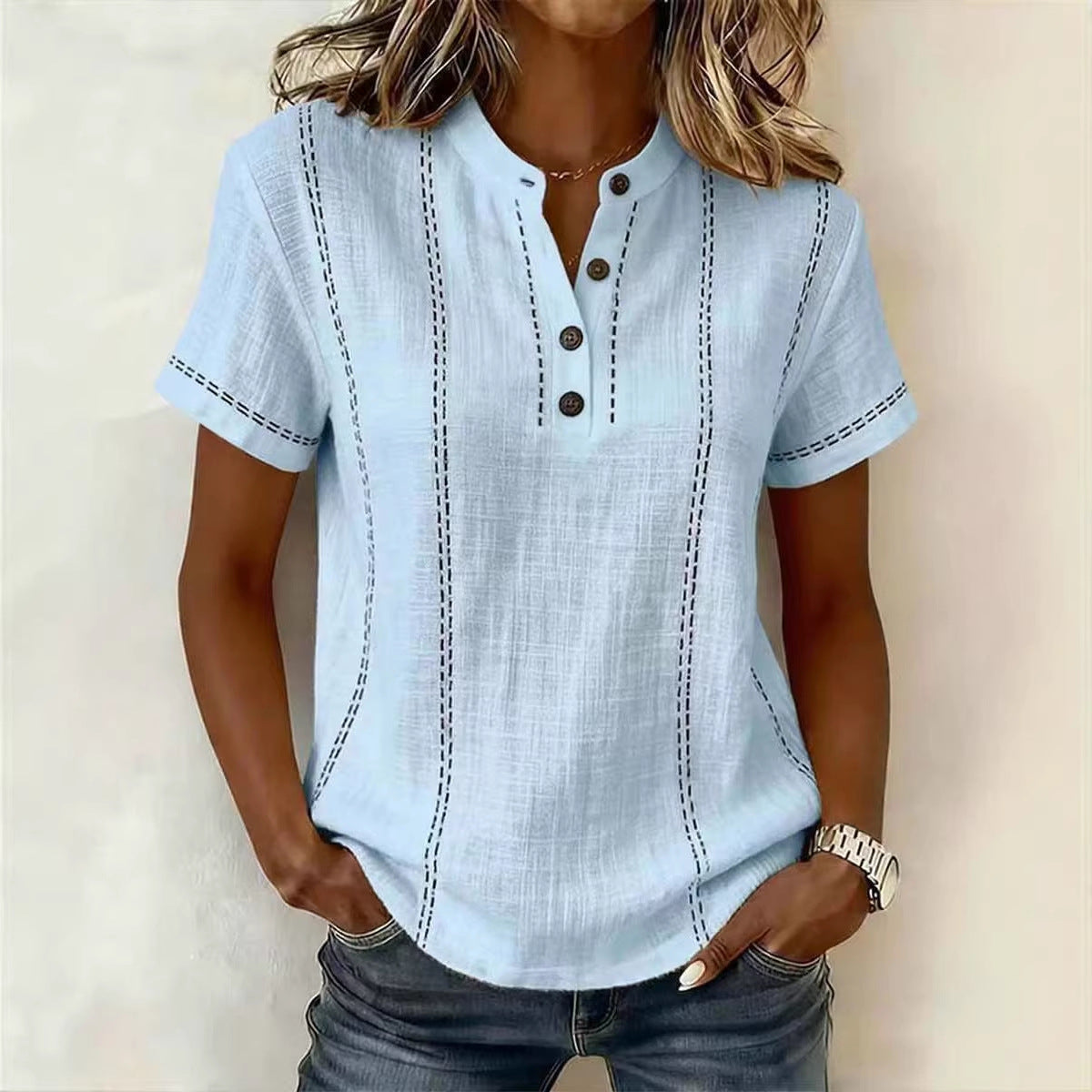 Women's V-neck Short-sleeve Casual Loose Cotton-linen Top