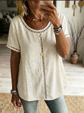 Women's Casual Solid Color Cotton Linen Hollow-Out Top