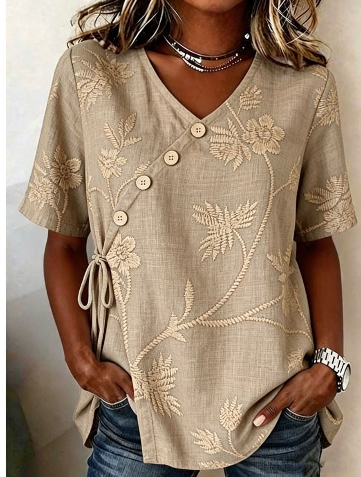 Diagonal button-down tie cotton and linen embroidered Shirt