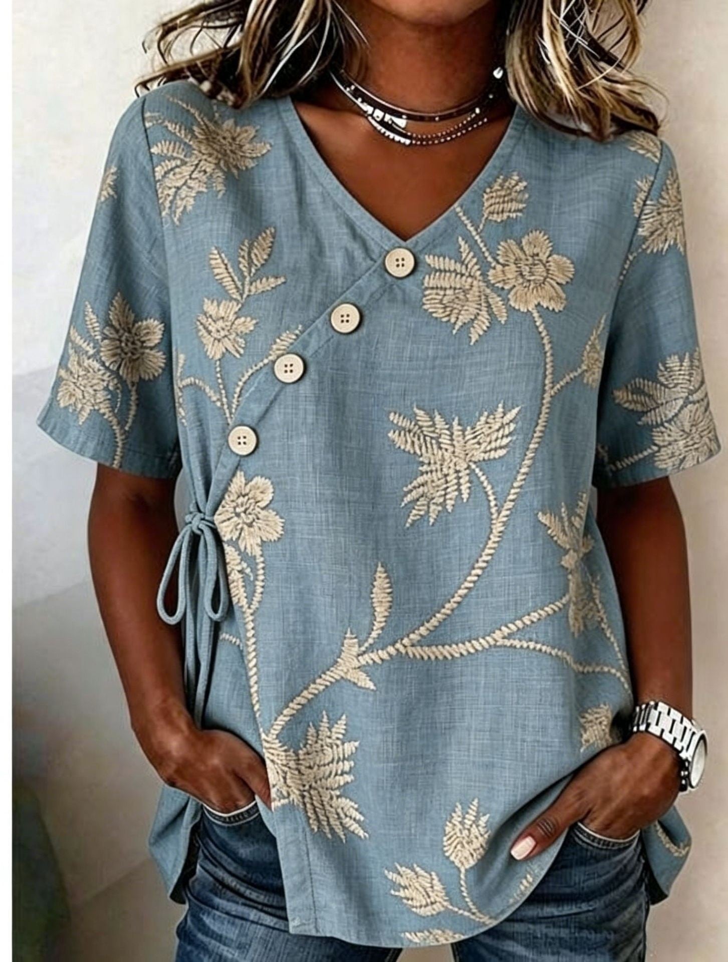 Diagonal button-down tie cotton and linen embroidered Shirt