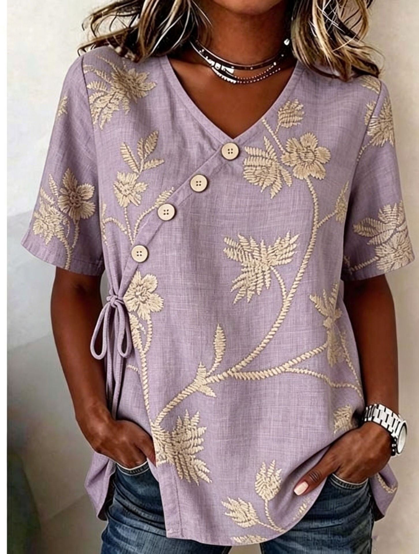 Diagonal button-down tie cotton and linen embroidered Shirt
