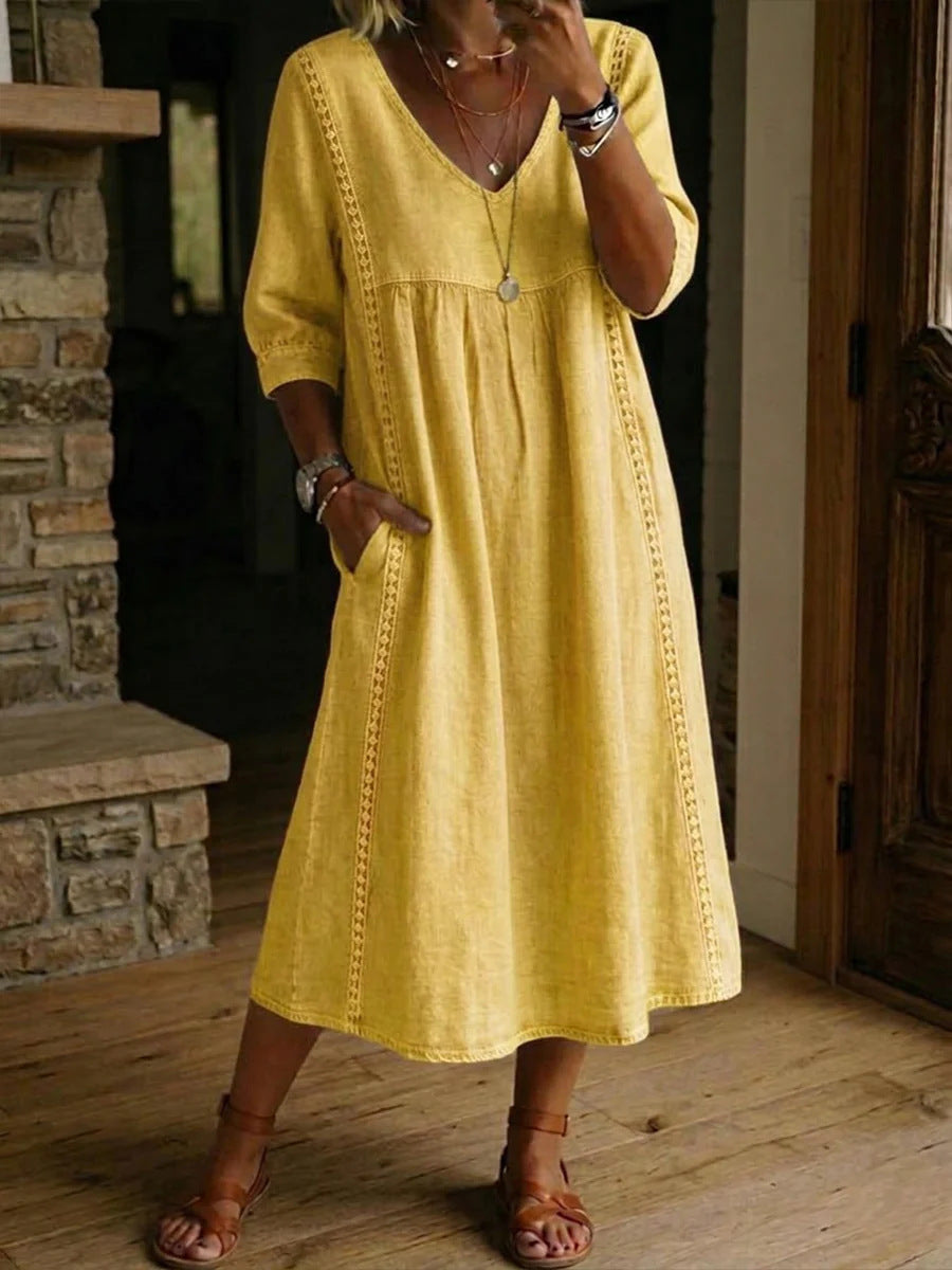 Casual Loose-fitting Patchwork Lace Trim Linen And Cotton Dress