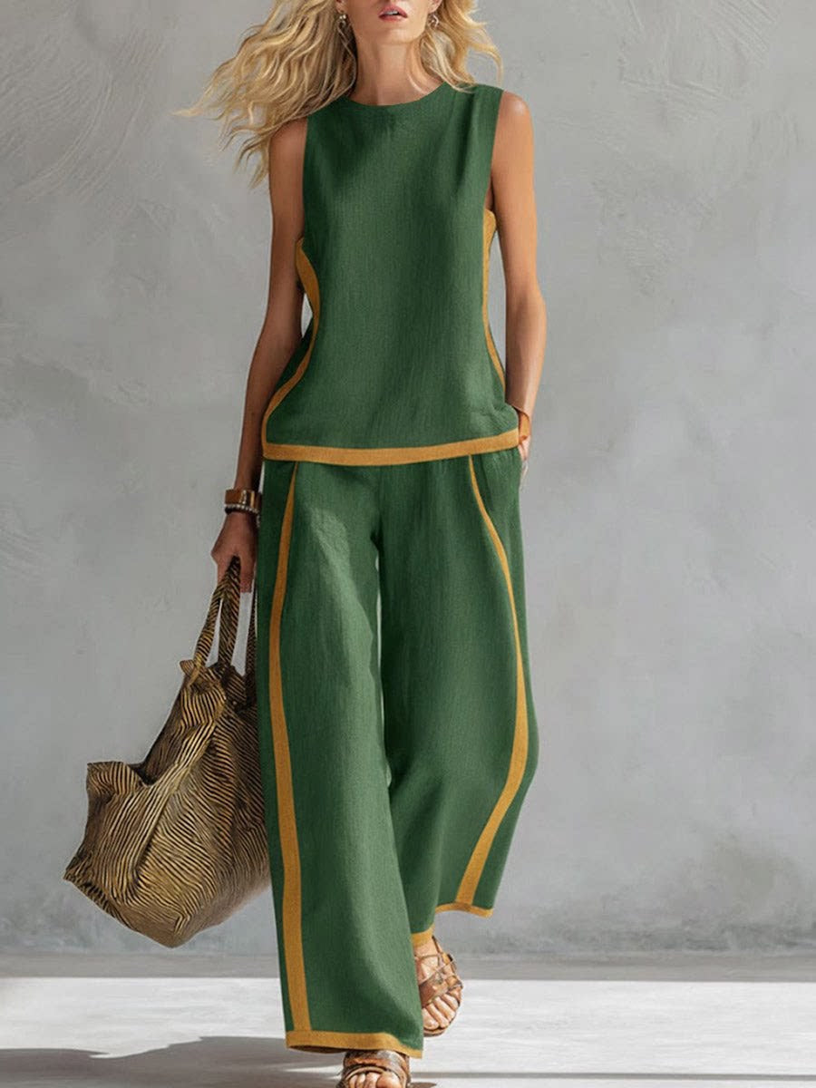 Women's Round Neck Sleeveless Casual Loose Top And High-waisted Loose Wide-leg Pants Cotton And Linen Set