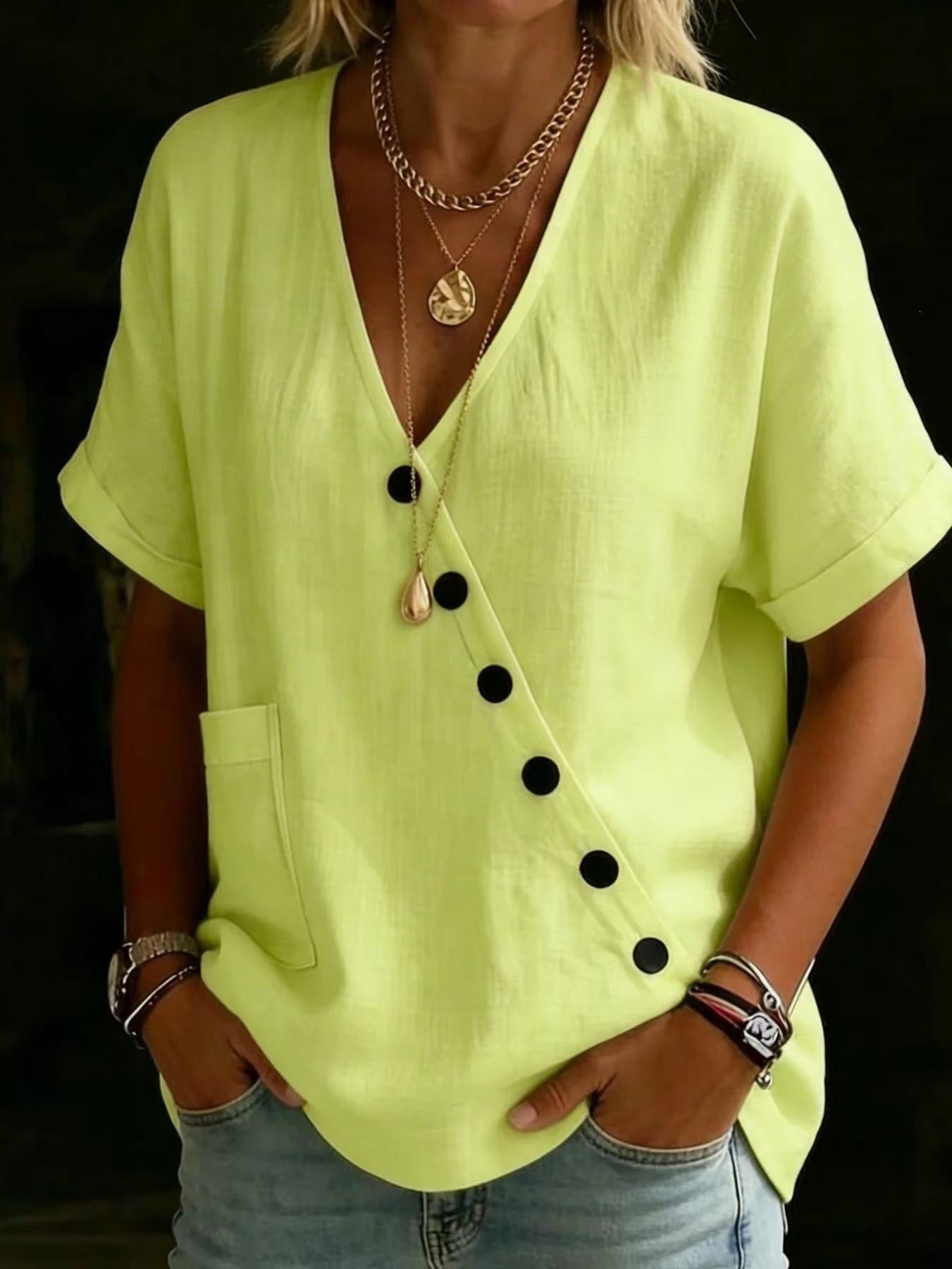 V-Neck Solid-Color Casual & Comfortable Cotton-Linen Button-Up Shirt