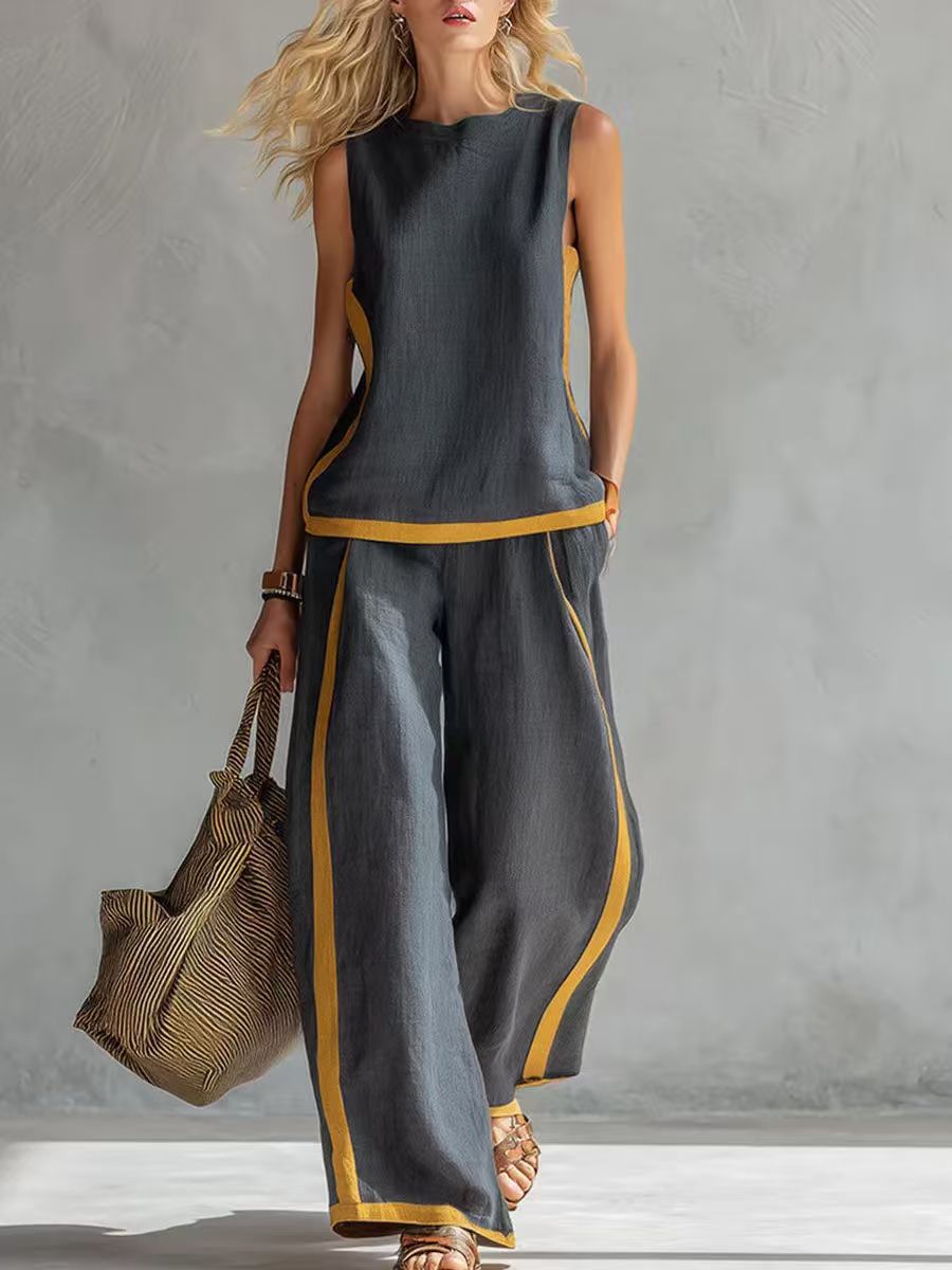 Women's Round Neck Sleeveless Casual Loose Top And High-waisted Loose Wide-leg Pants Cotton And Linen Set