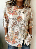 Retro Floral Print Lace-Up Cotton-Linen Shirt