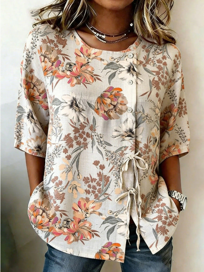 Retro Floral Print Lace-Up Cotton-Linen Shirt