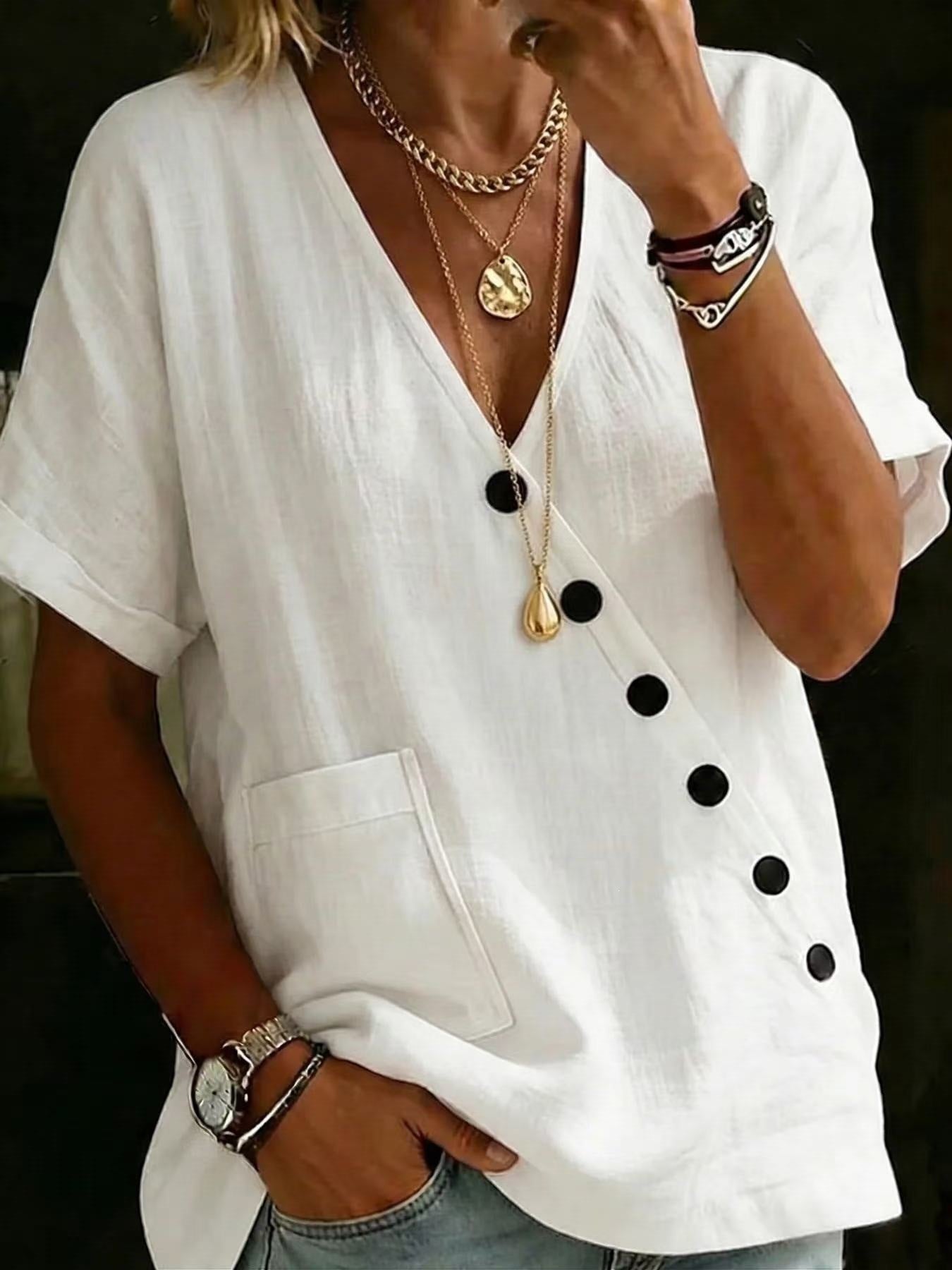 V-Neck Solid-Color Casual & Comfortable Cotton-Linen Button-Up Shirt