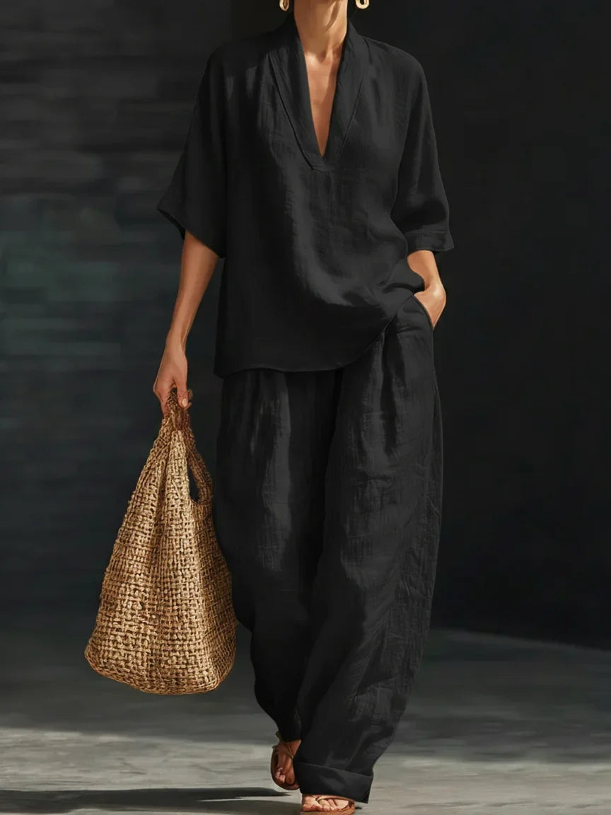 Casual And Cozy Minimalist V-neck Short-Sleeve Shirt and Trouser Linen Two-piece Set