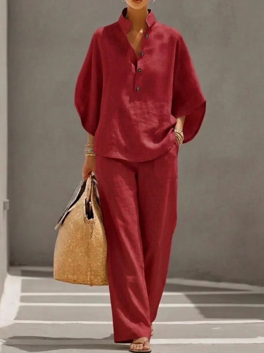 Casual Batwing Sleeve Linen And Cotton Shirt And Trousers Two-piece Set